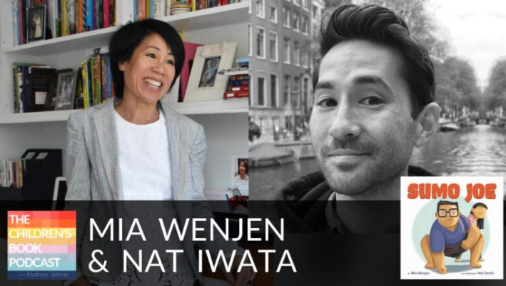 Picture of Mia Wenjen and Sumo Joe illustrator Nat Iwata with a small image of the cover of Sumo Joe in the right bottom