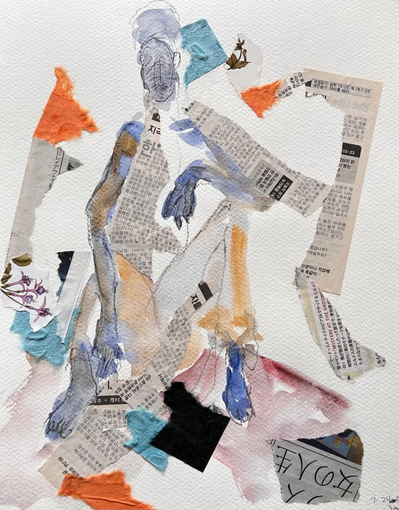 Watercolor Collage: Sitting Girl Dreams