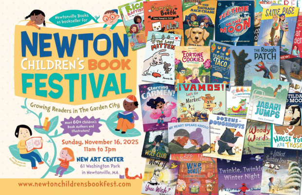 Newton Children's Book Festival - with a pile of kids book covers. 